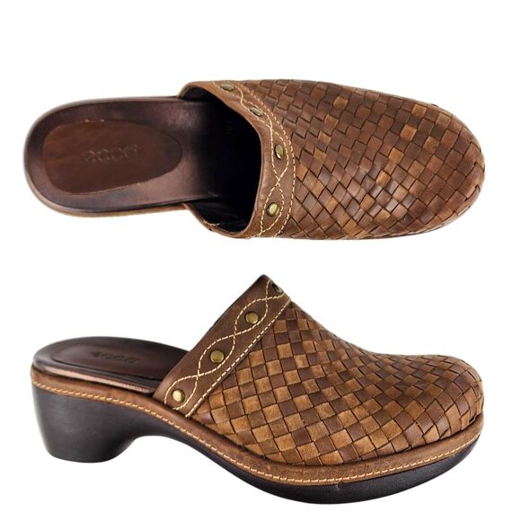 Ecco Clogs Brown Woven Leather Mules Studded Comfy Shoe Womens EU38 / US 7 - 7.5 - Picture 1 of 16